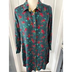 Matilda Jane Teal Gingham Floral Button Front Shirt Dress XS Rayon Long Sleeve